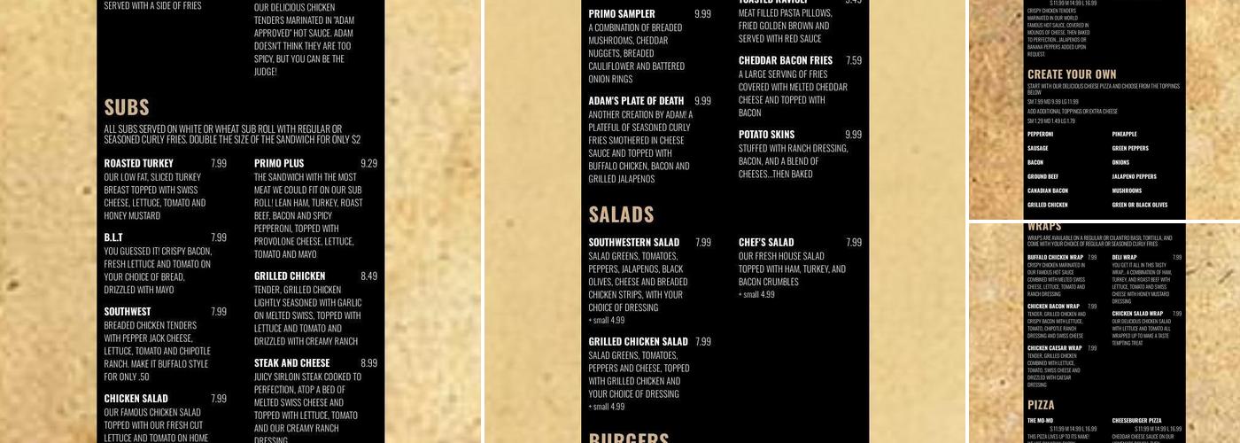 Primos Pizza Menu