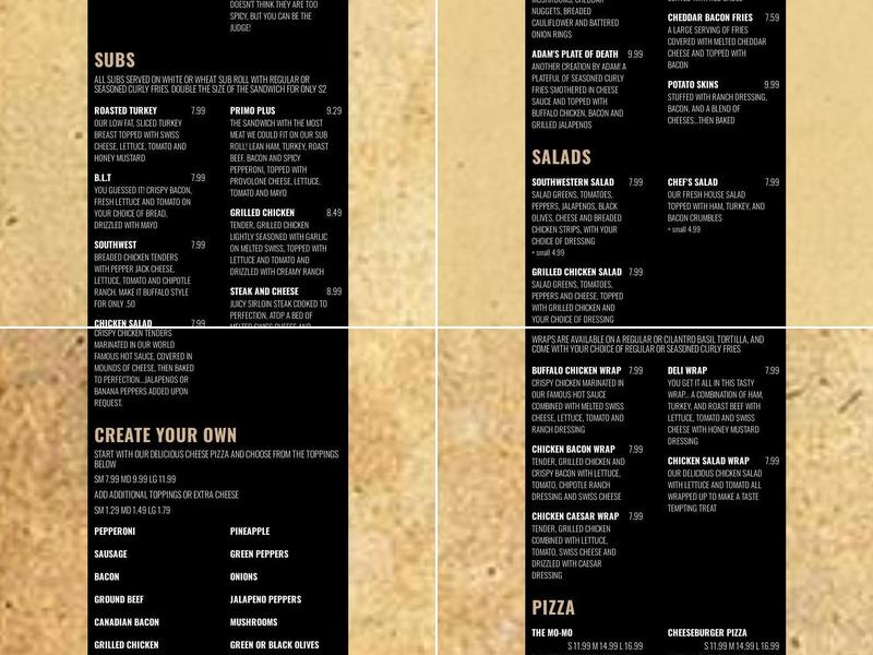 Primos Pizza Menu