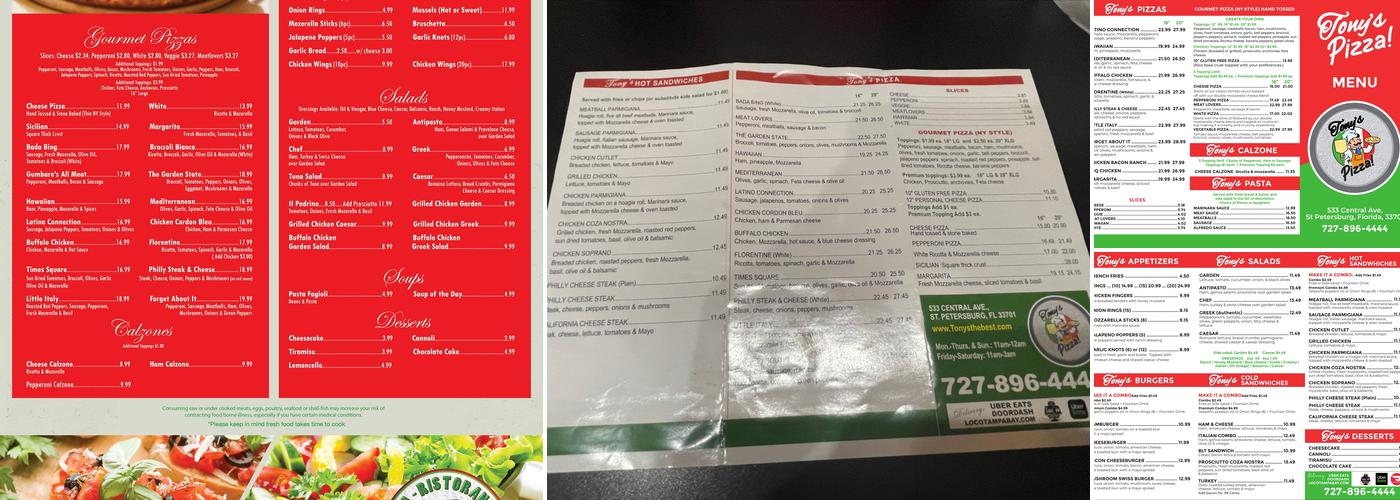 Tony's Pizza Menu