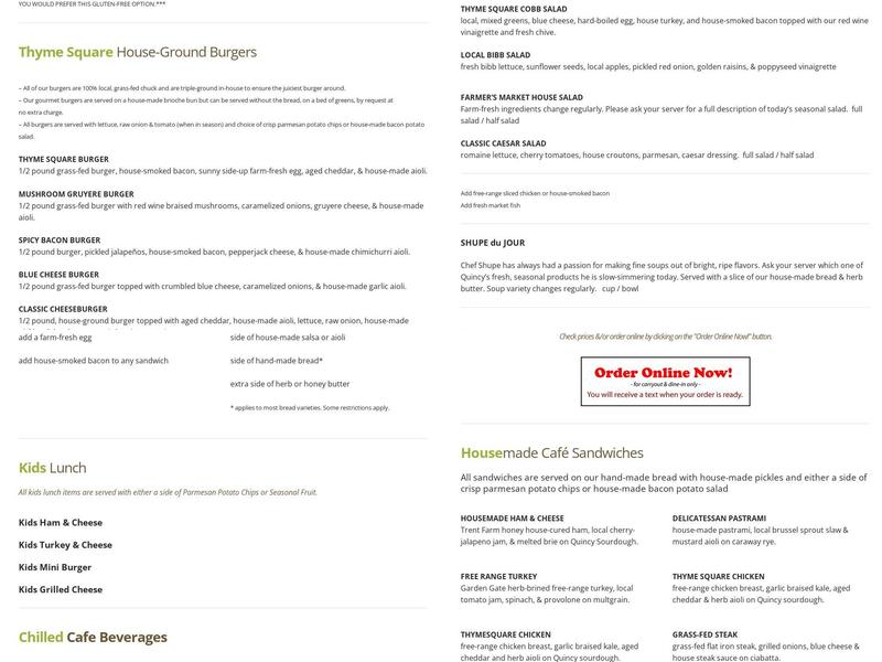 Thyme Square Bakery & Cafe Menu