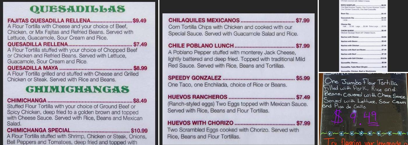 Maya Authentic Mexican Restaurant Menu