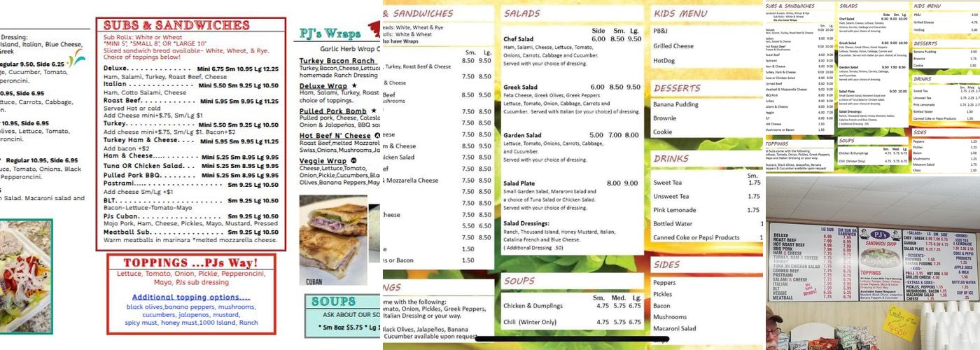P J's Sandwich Shop Menu