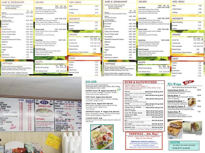 P J's Sandwich Shop Menu