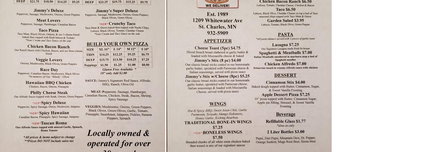 Jimmy's Pizza Menu