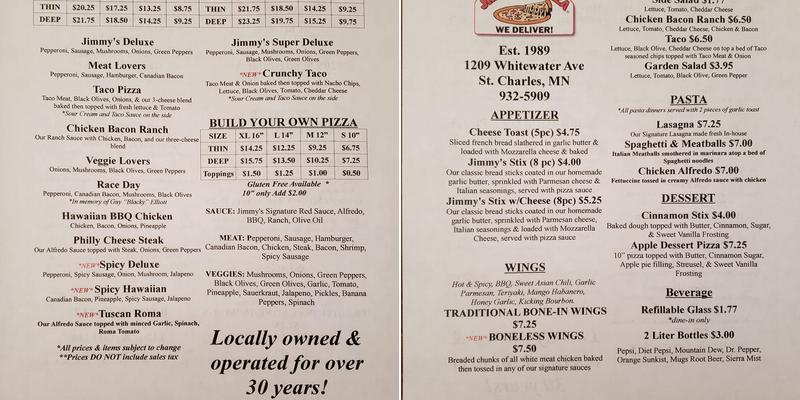 Jimmy's Pizza Menu