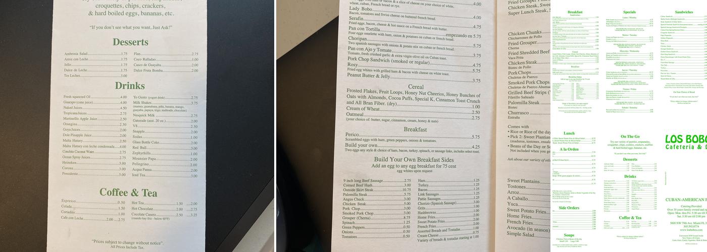 Los Bobos Cafeteria Menu