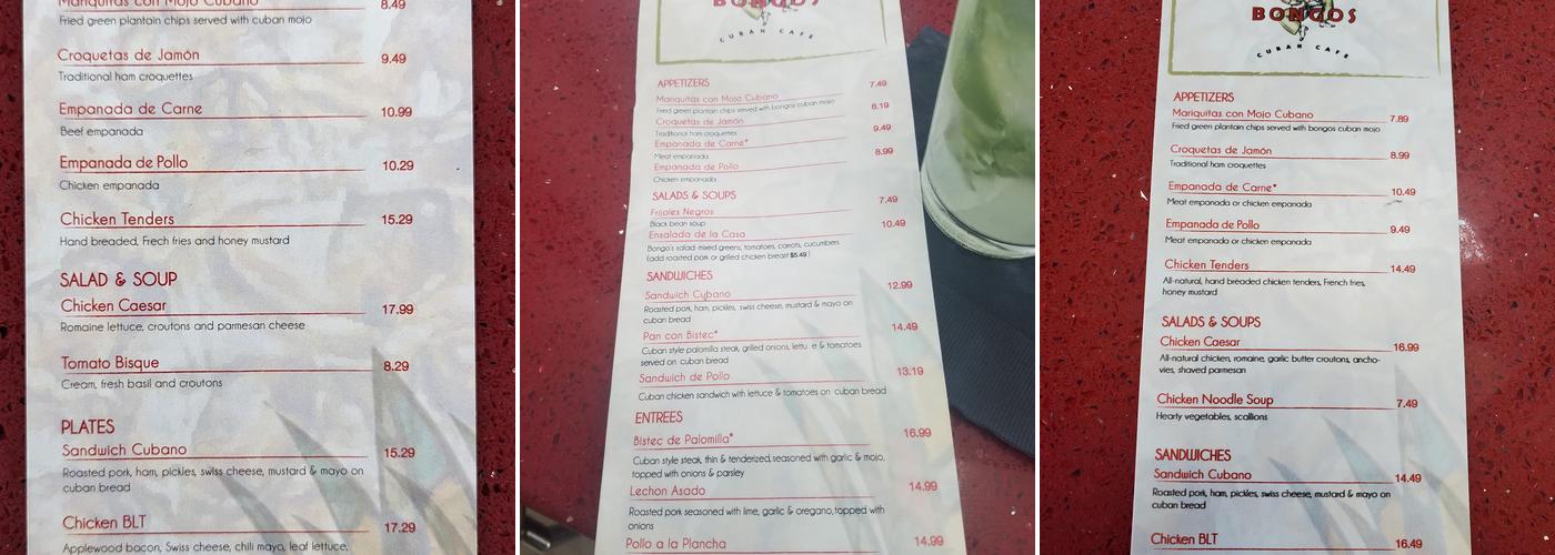 Bongos Cuban Cafe Menu