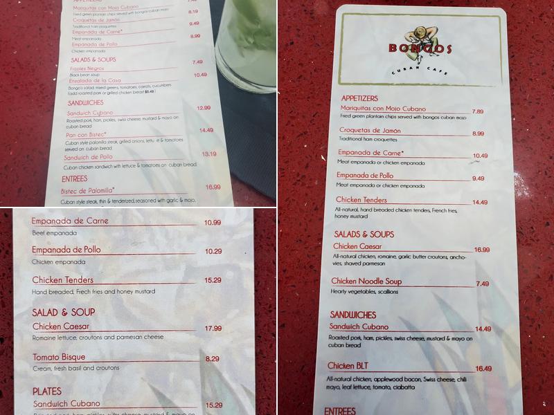 Bongos Cuban Cafe Menu