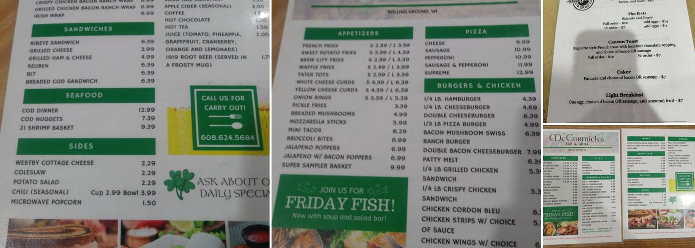 McCormick's Rolling Ground Bar & Grill Menu