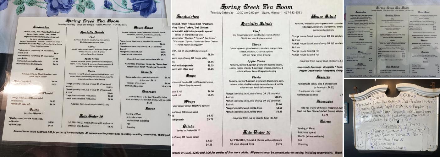 Spring Creek Tea Room Menu