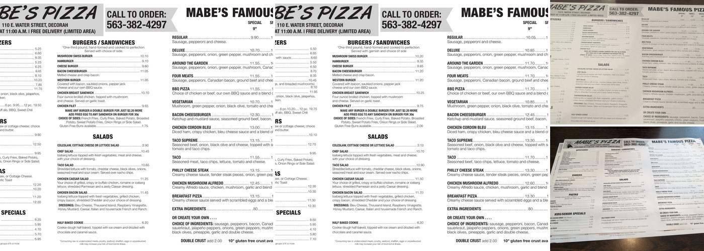 Mabe's Pizza Menu