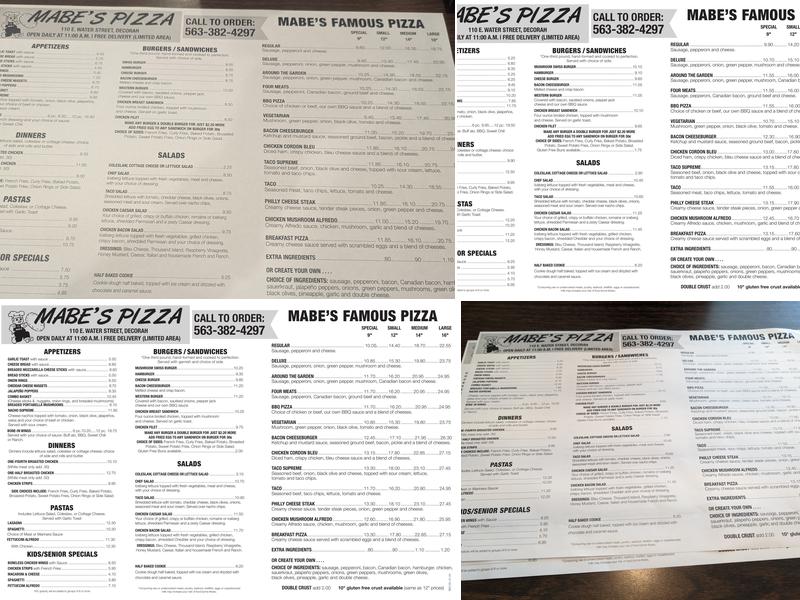 Mabe's Pizza Menu