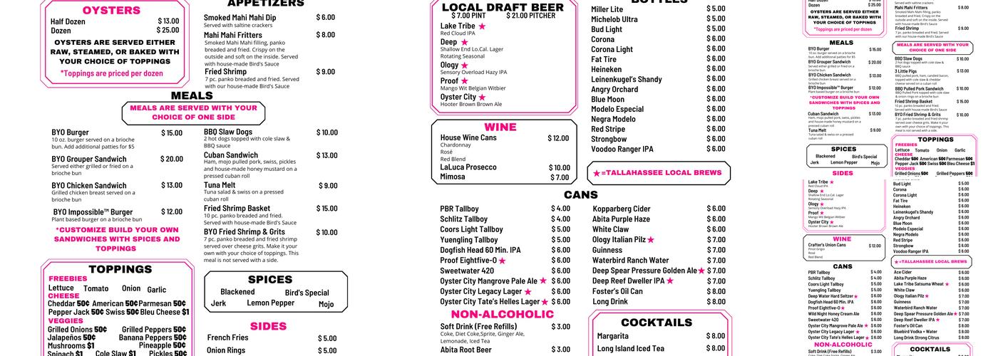 Bird's Aphrodisiac Oyster Shack Menu