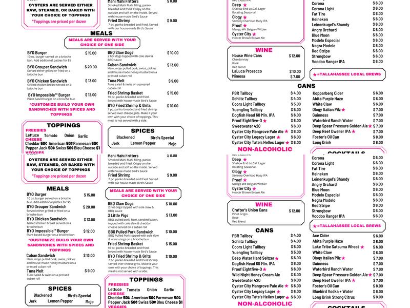 Bird's Aphrodisiac Oyster Shack Menu