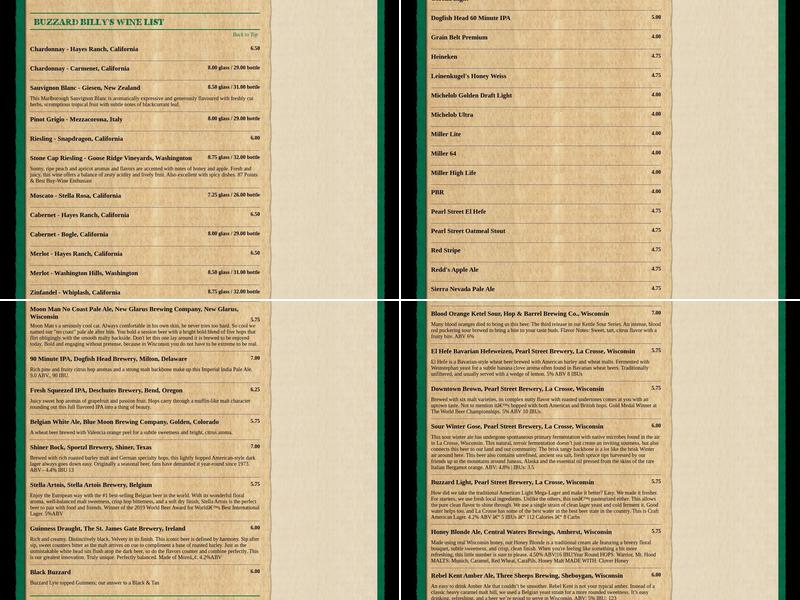 Buzzard Billy's Menu