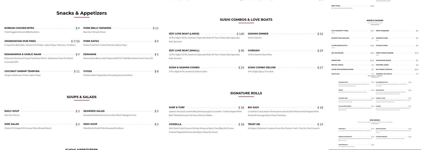 Izzy Pub & Sushi Menu