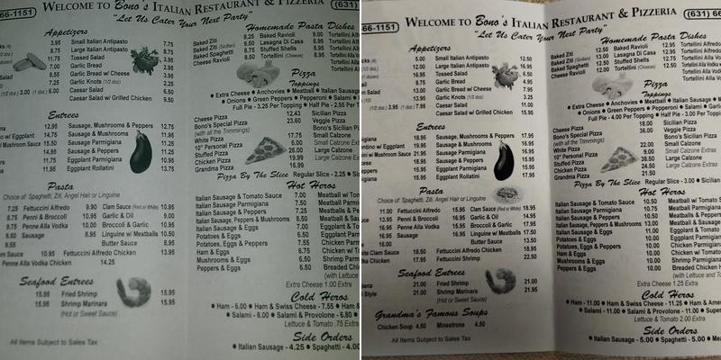 Bono's Pizzeria Menu