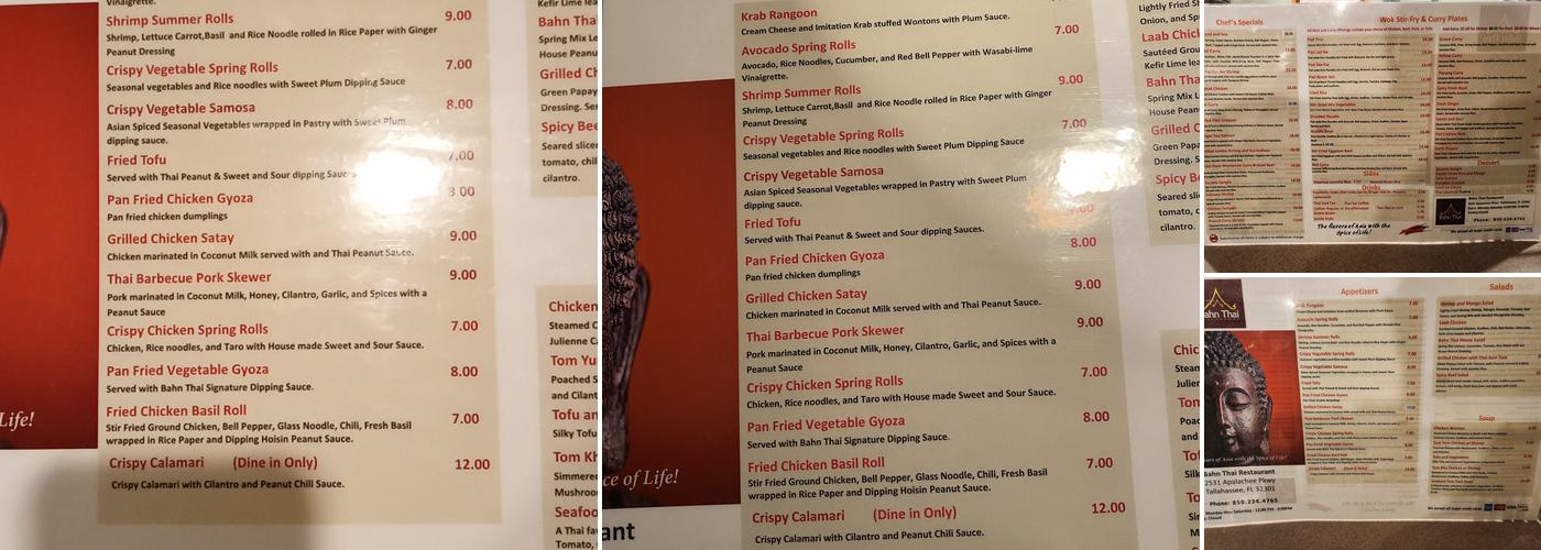 Bahn Thai Restaurant Menu