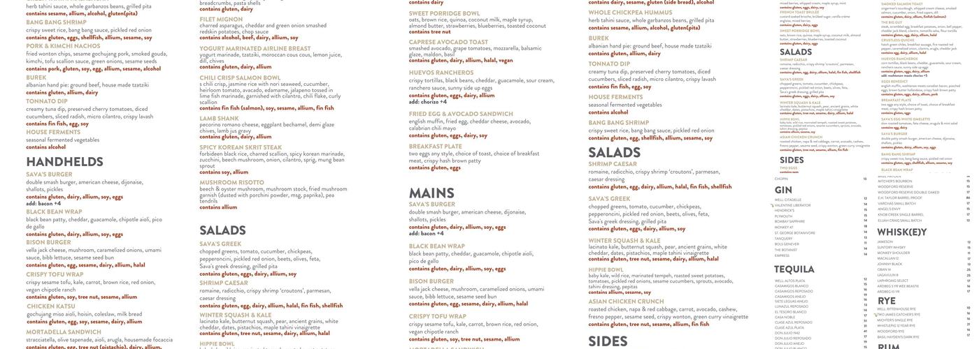 Sava's Menu