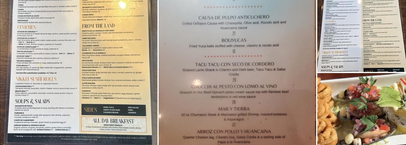 Bravo Peruvian Cuisine Menu
