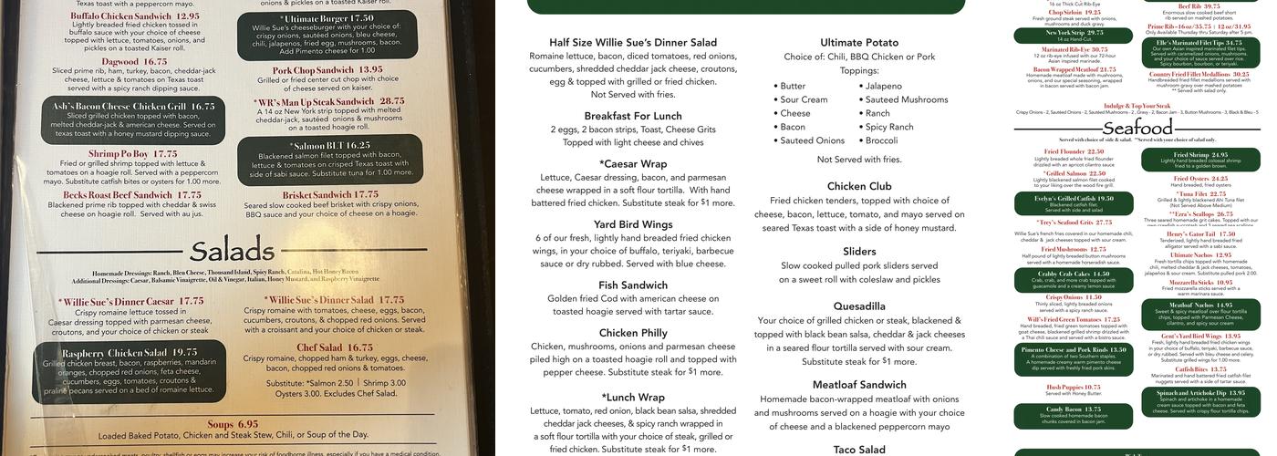 Willie Sue's. Sumter,S.C. Menu