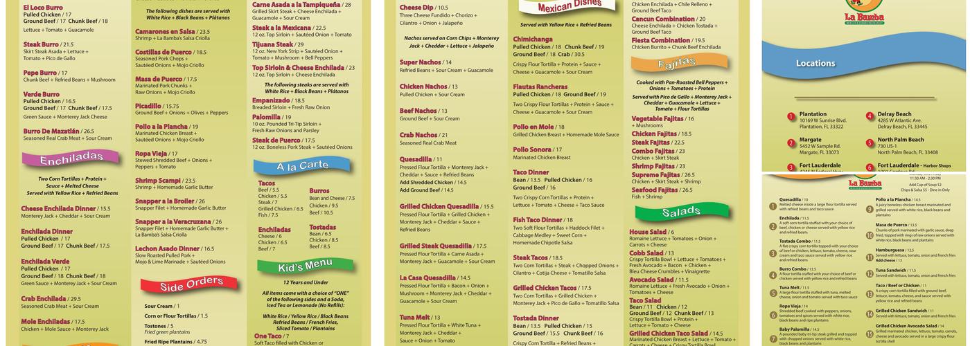 La Bamba Mexican and Spanish Restaurant Plantation Menu