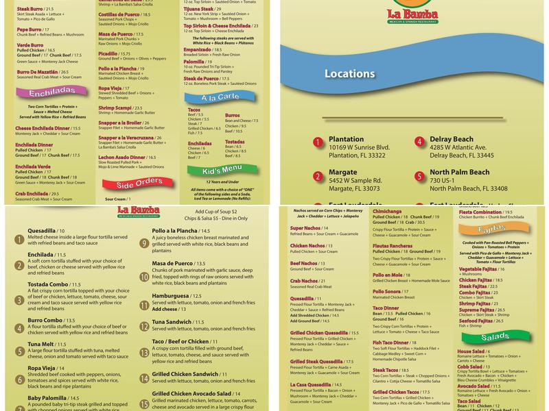 La Bamba Mexican and Spanish Restaurant Plantation Menu