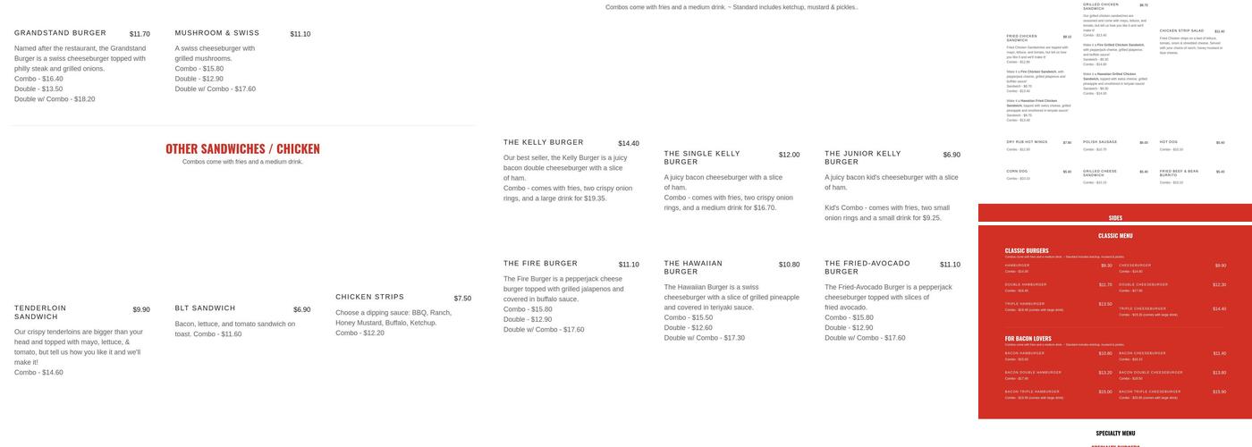 Grandstand Burgers Menu