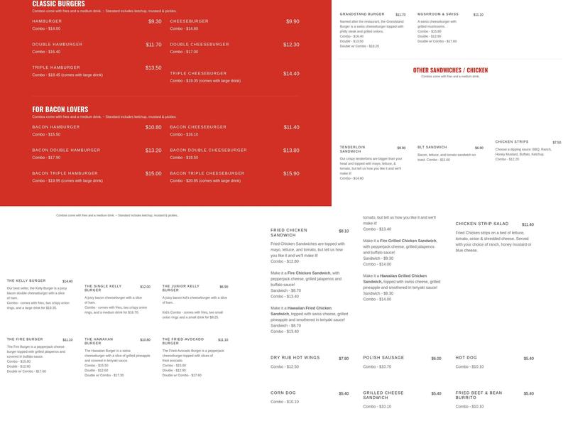 Grandstand Burgers Menu