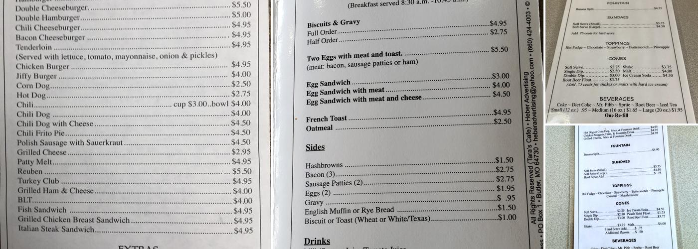 Tara's Cafe and Malt Shop Menu