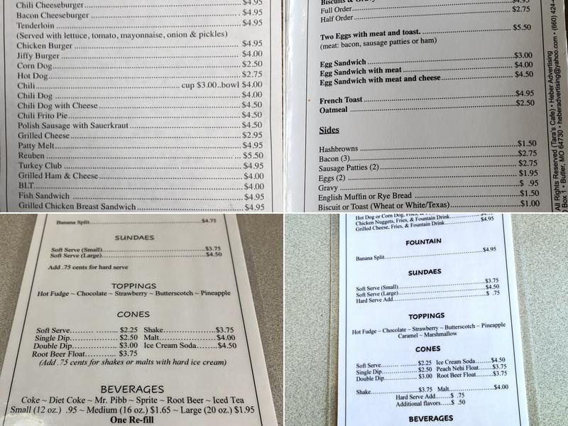 Tara's Cafe and Malt Shop Menu