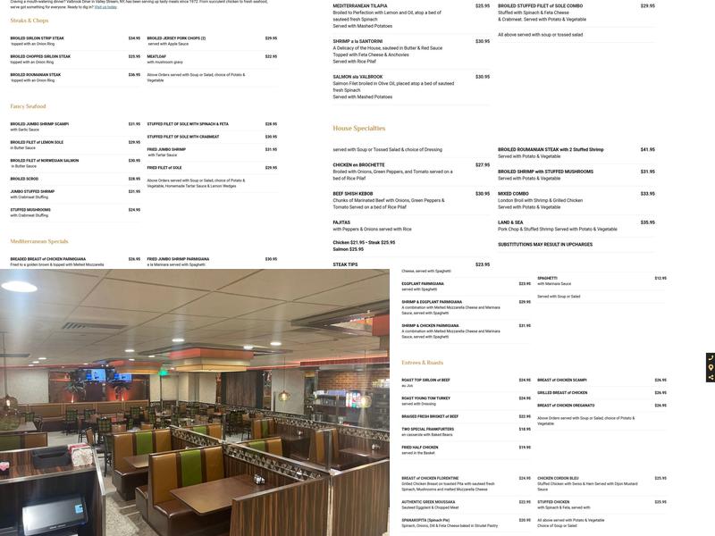 Valbrook Diner Menu