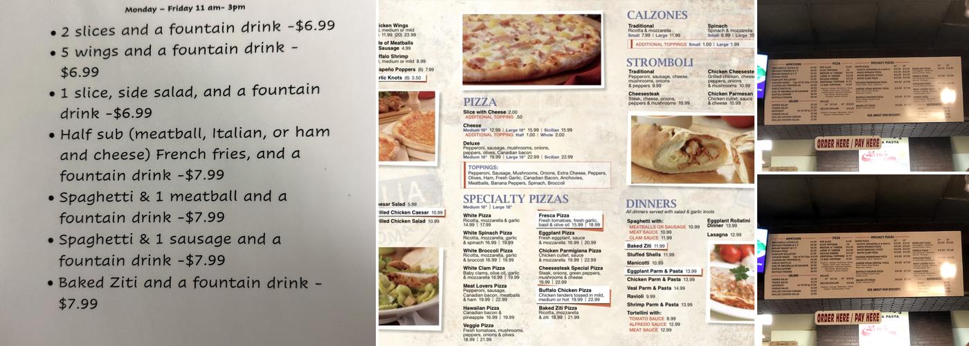 Massimos Pizza & Pasta Menu