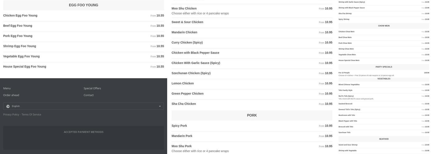 Spring of China Menu