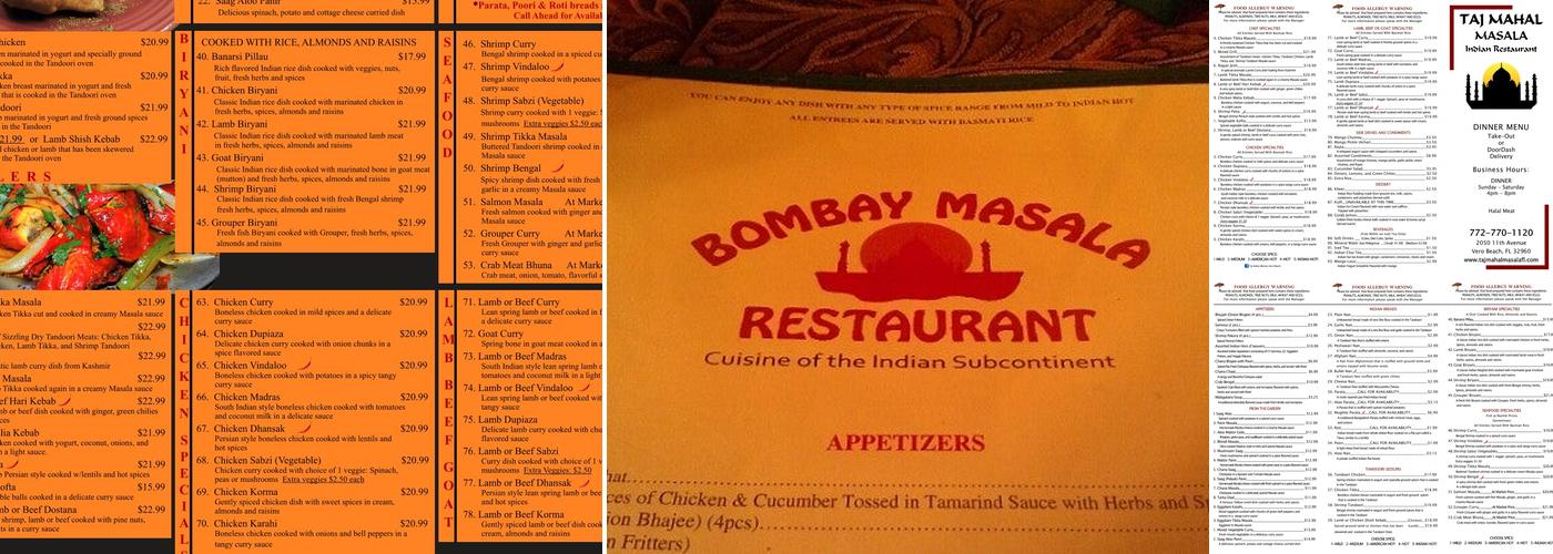 Taj Mahal Masala Menu