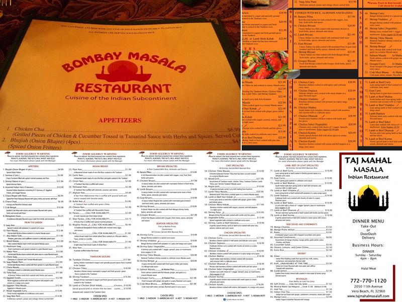 Taj Mahal Masala Menu