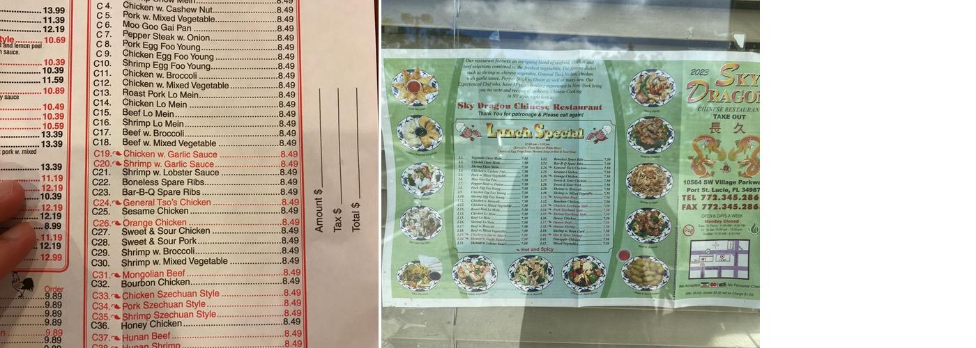 Sky Dragon Chinese Restaurant Menu