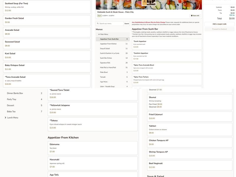 Hokkaido sushi & steakhouse Menu