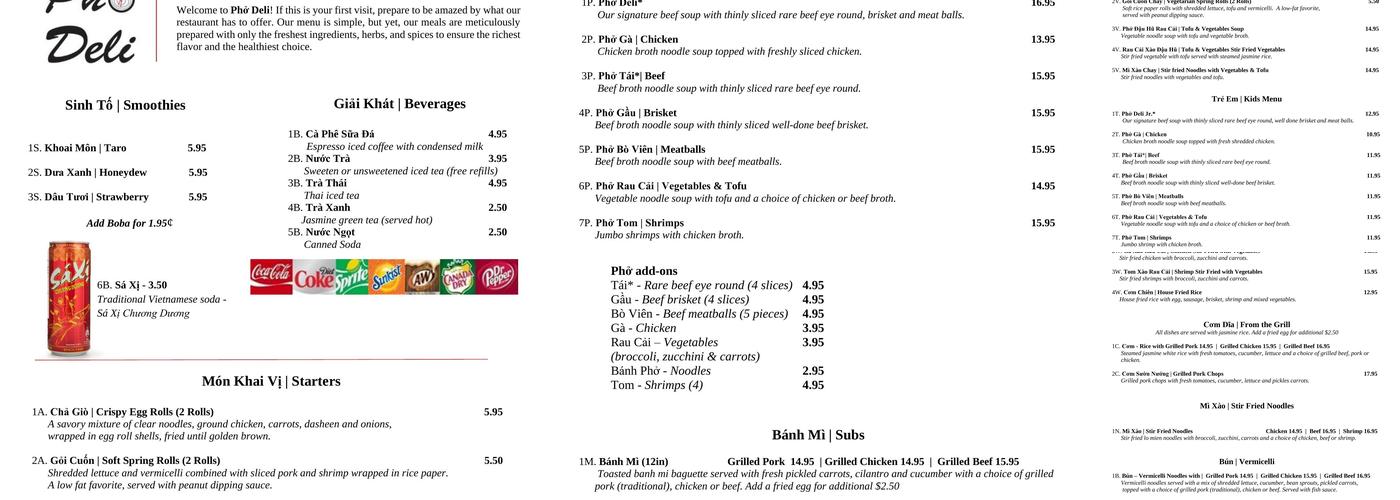 Pho Deli Menu