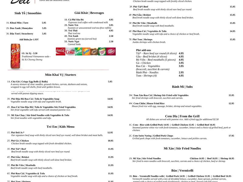 Pho Deli Menu