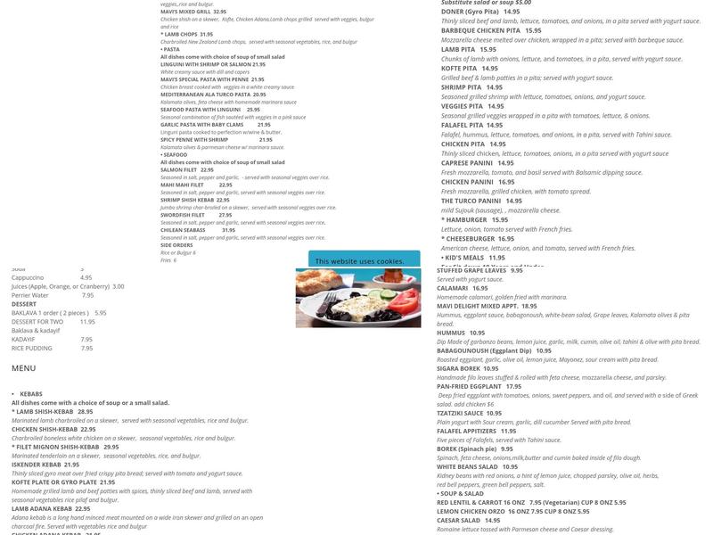 Mavi Grill - Turkish & Mediterranean Cuisine Menu