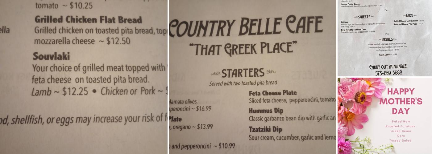 Country Belle Cafe Menu