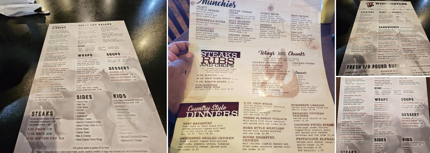 Winchesters Restaurant and Saloon Menu