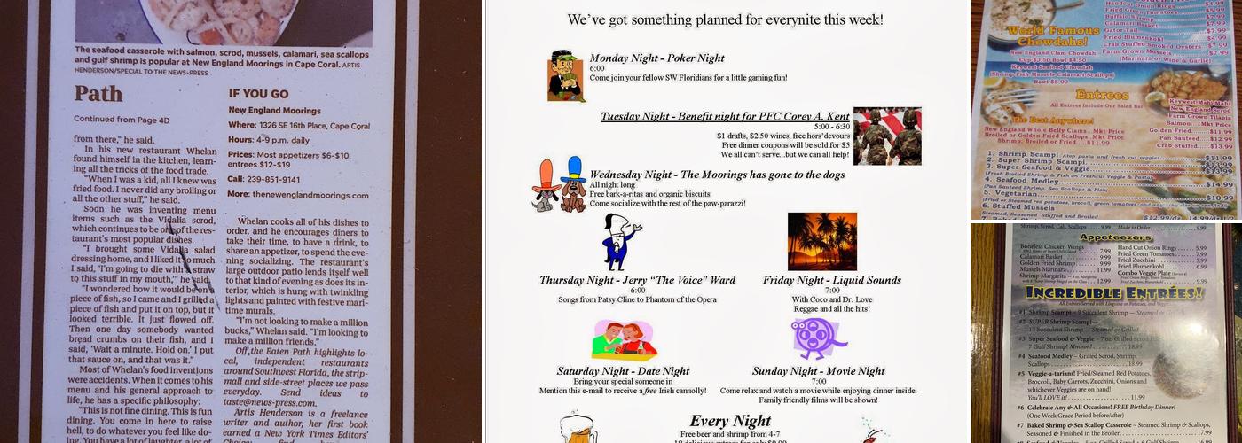 The New England Moorings Seafood Restaurant Menu