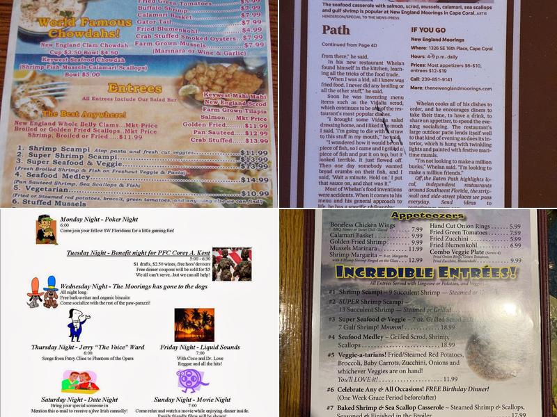 The New England Moorings Seafood Restaurant Menu