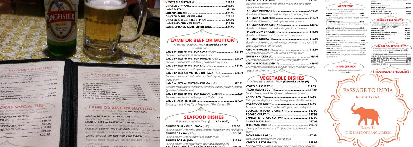 Passage To India Menu