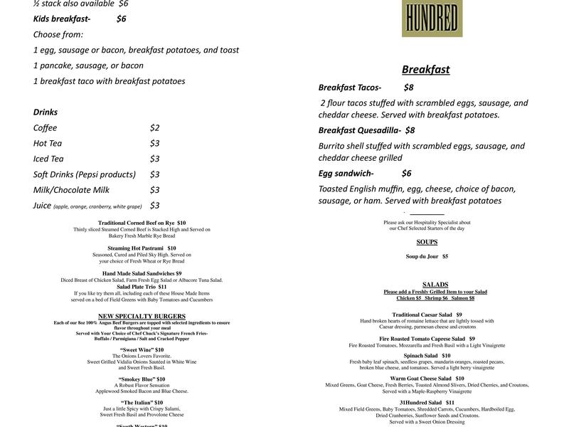 31 Hundred Restaurant & Bar Menu