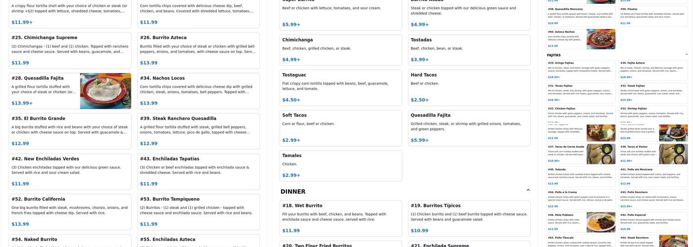 Azteca Mexican Restaurant Menu