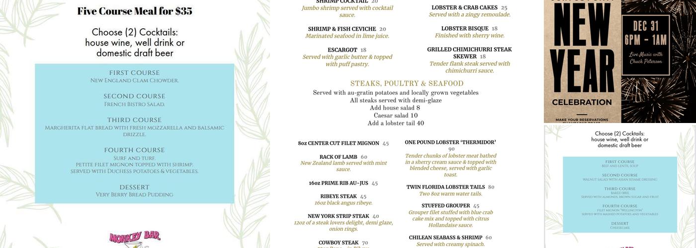 Monkey Bar Steak & Seafood Menu