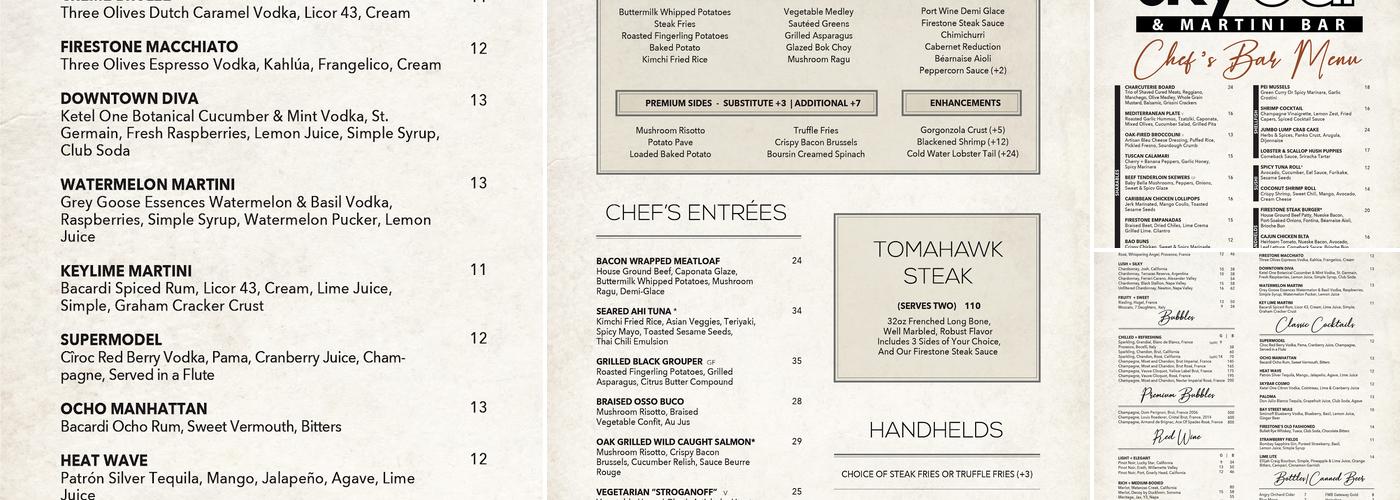The Firestone Skybar & Martini Bar Menu